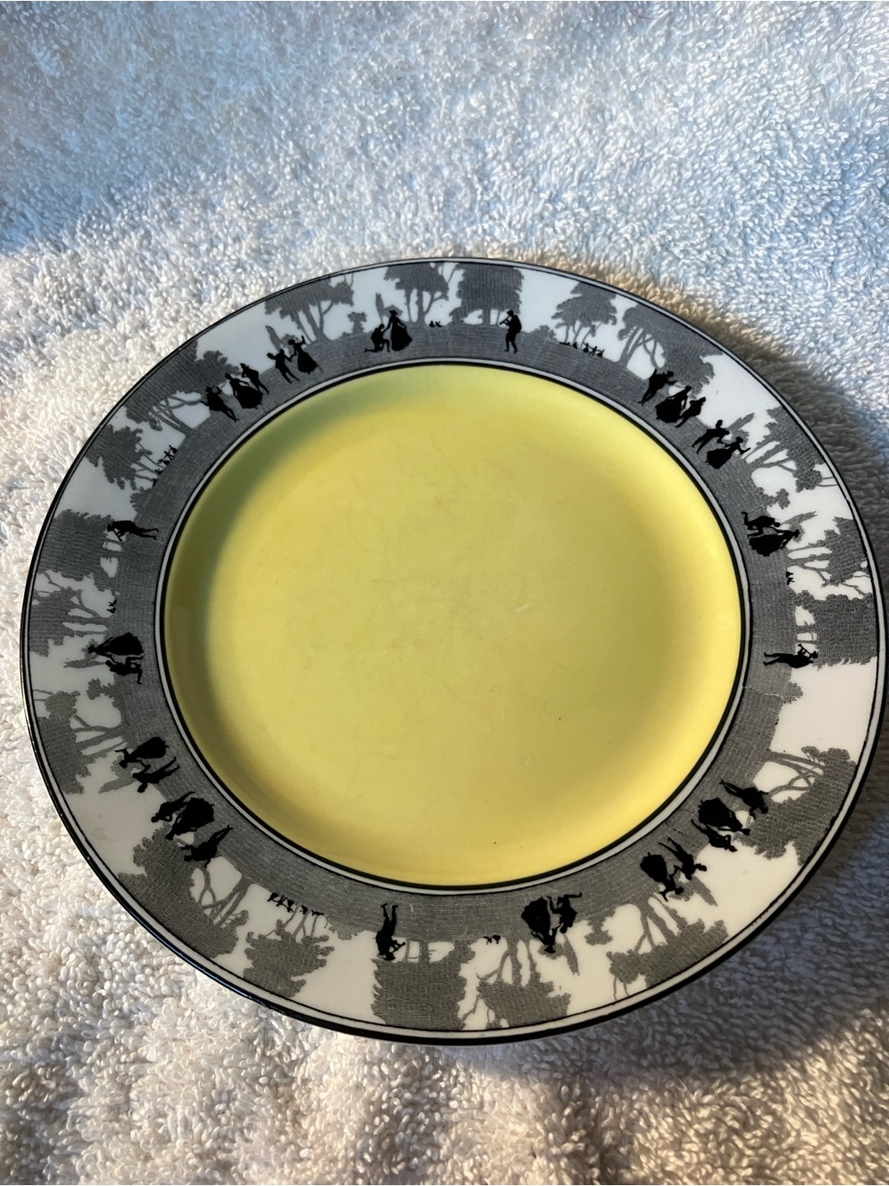 2 Yellow and Gray Silhouette 7” Plates and 5 3/4” berry bowl Foley China